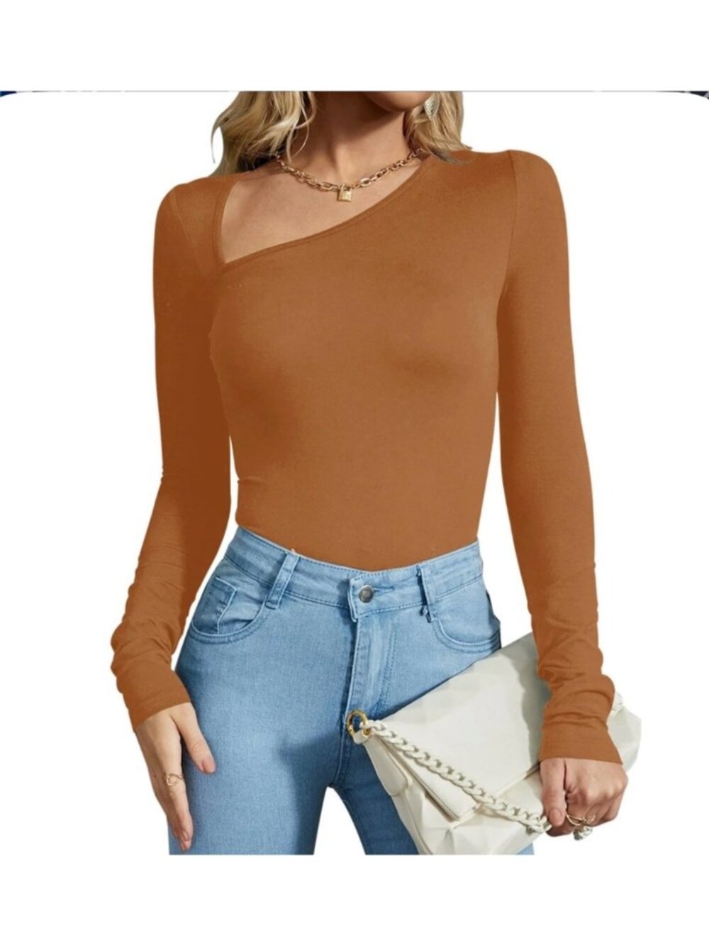 7 For All Mankind Women's Asymmetrical Neck Long Sleeve Bodysuit Size S
